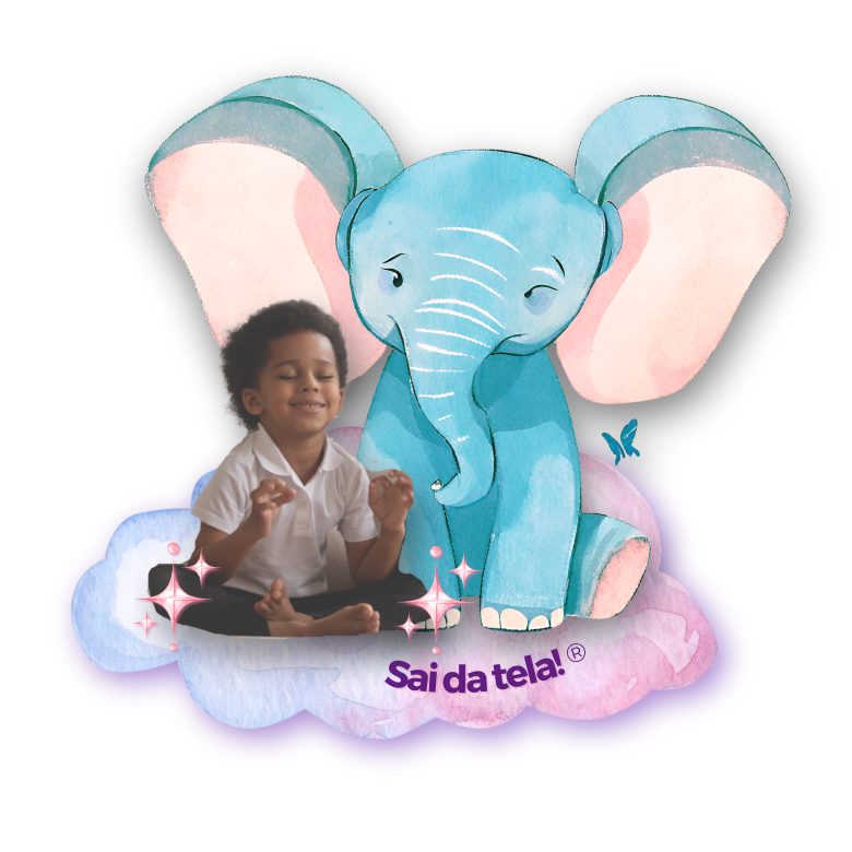 Menino sorridente meditando com ao lado de um elefante, um personagem infantil